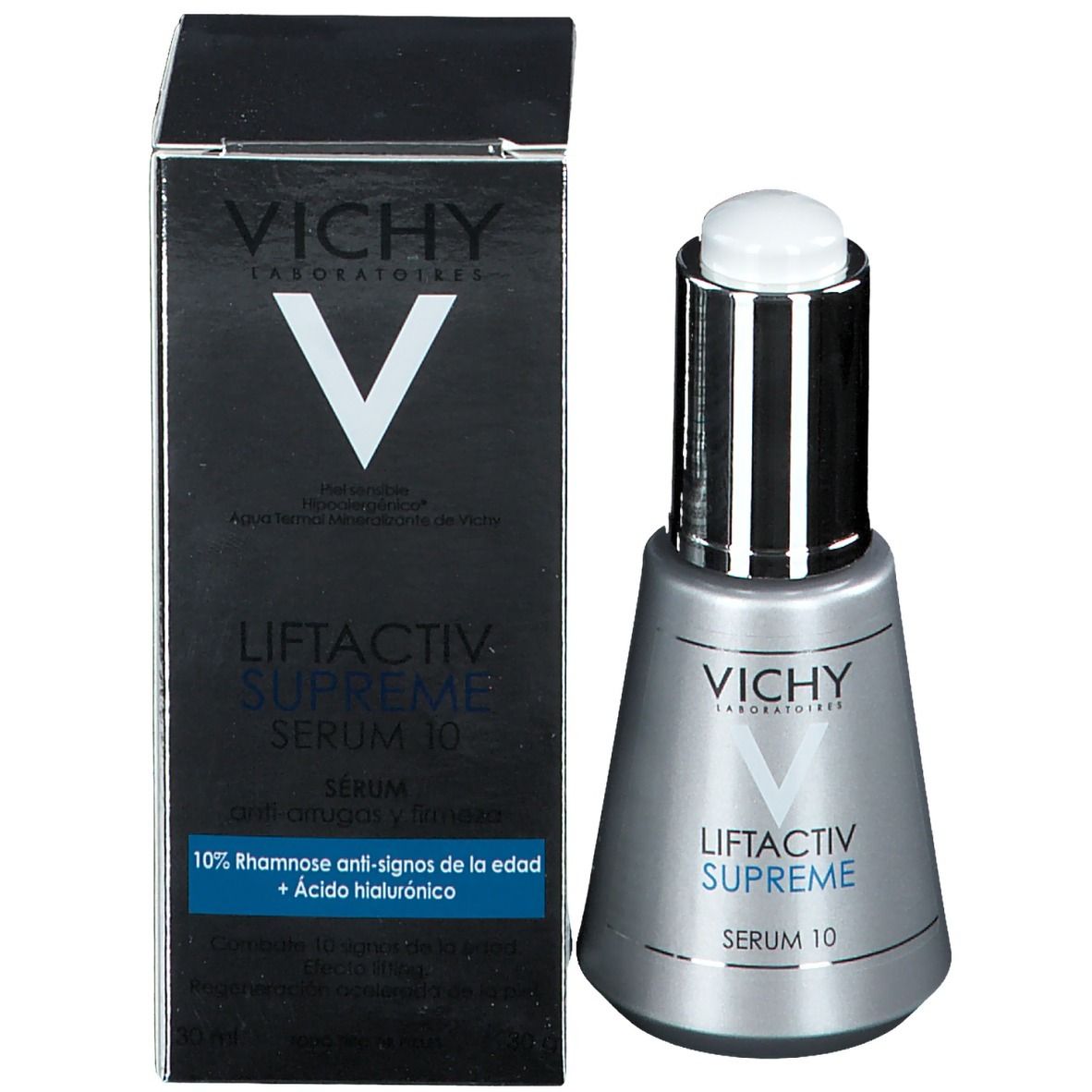 Confezione e flacone di siero. Scritte: VICHY, Liftactiv Supreme Serum 10. Testo: Siero anti-rughe e rassodante.