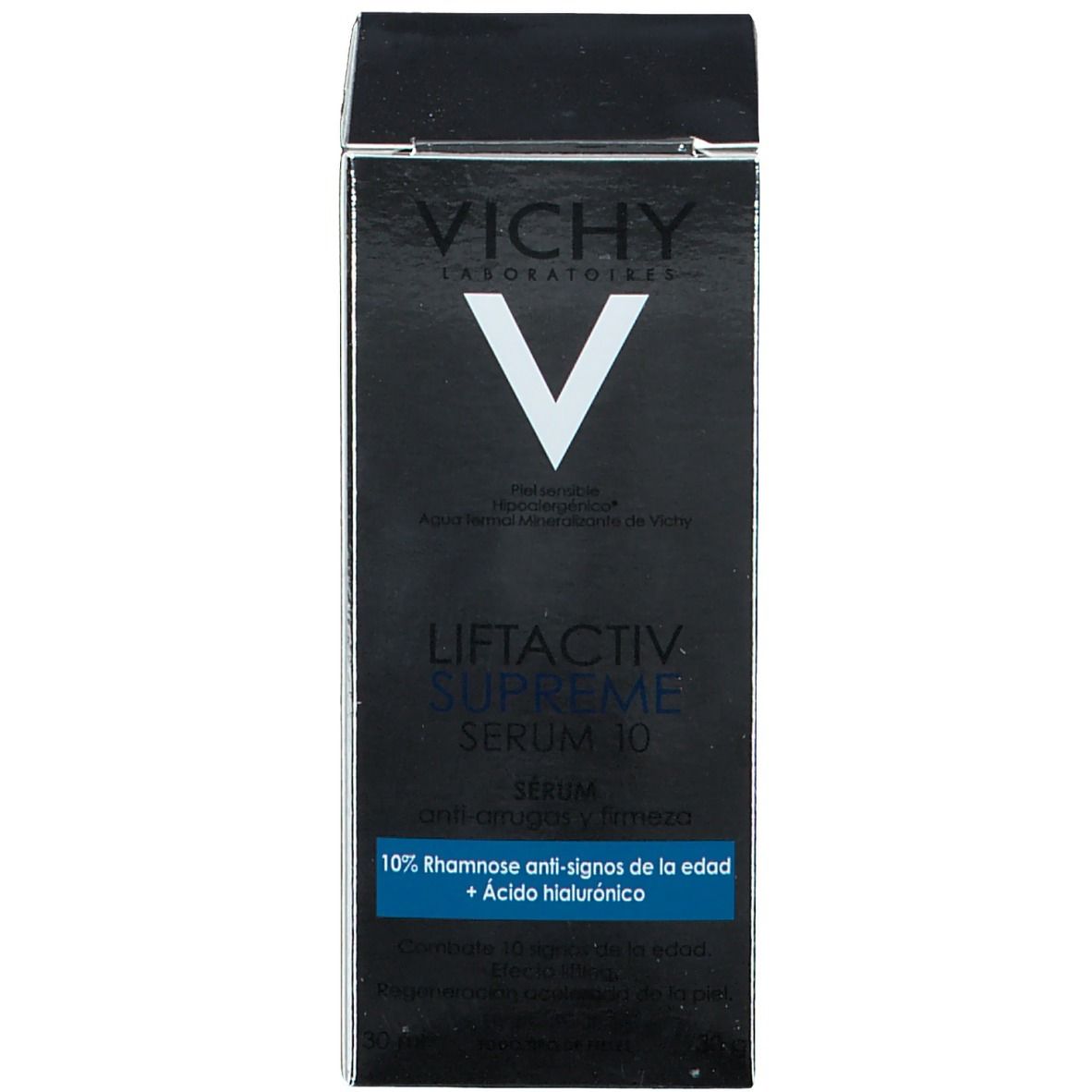 Confezione. Scritte: VICHY, Liftactiv Supreme Serum 10. Testo: Siero anti-rughe e rassodante.