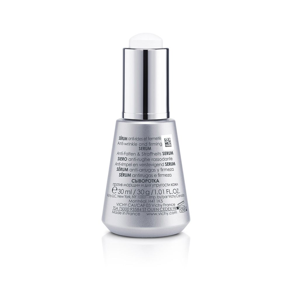 Retro di un flacone di siero. Testo: Siero anti-rughe e rassodante. In più lingue. Volume: 30 ml.