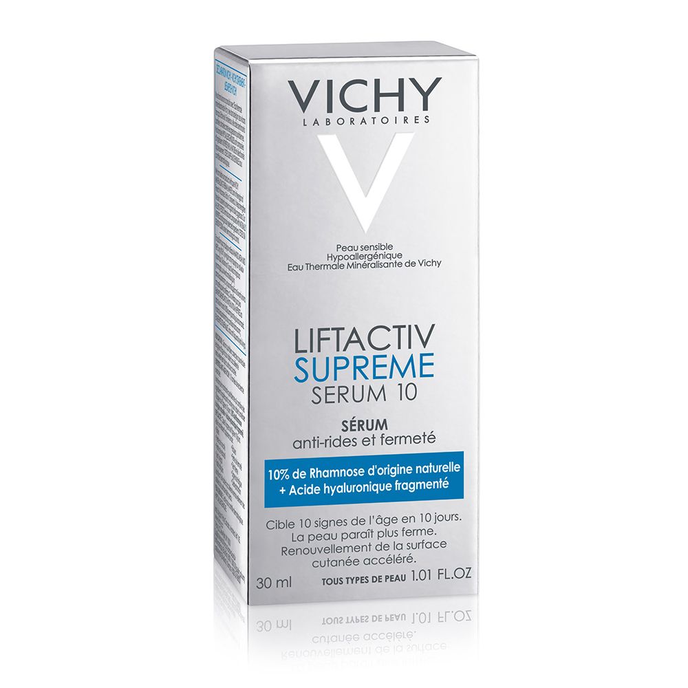 Confezione di siero. Scritte: VICHY, Liftactiv Supreme Serum 10. Testo: Siero anti-rughe e rassodante. Volume: 30 ml.