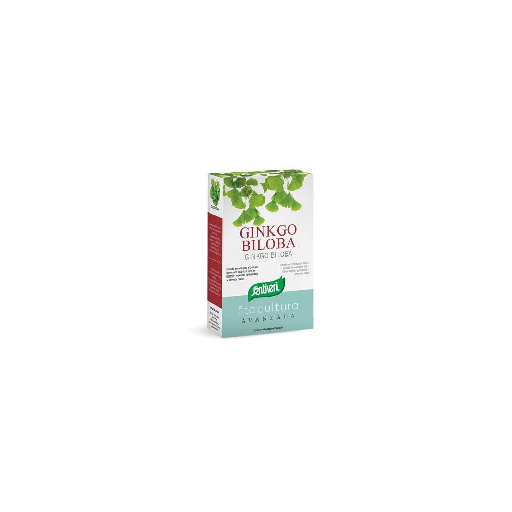 Scatola di Ginkgo Biloba. Scritta: Ginkgo Biloba, Santiveri, Fitocultura. Confezione verde e bianca.