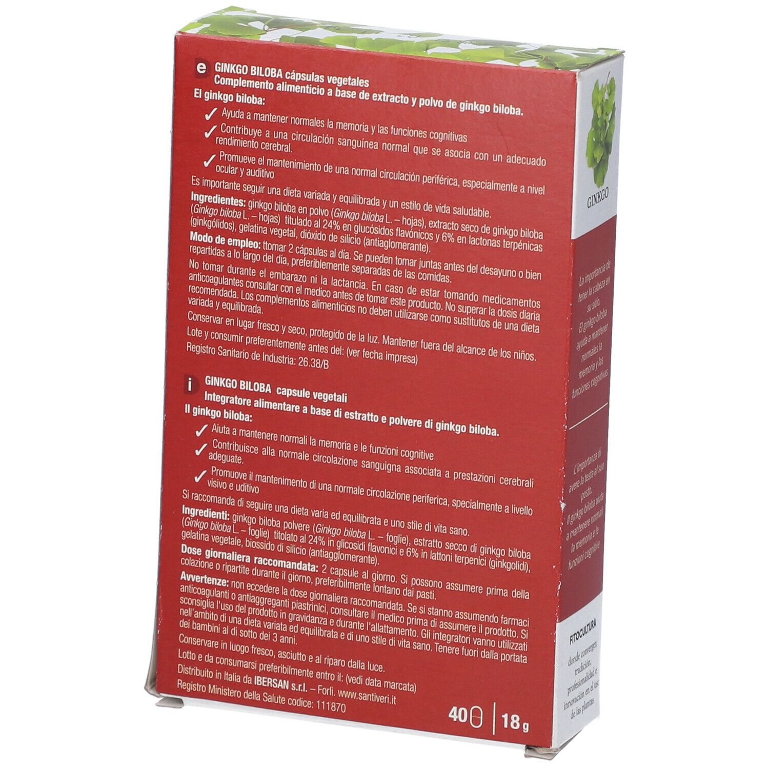 Retro della scatola di Ginkgo Biloba. Testo e informazioni. Contiene 40 capsule. Marchio Santiveri.