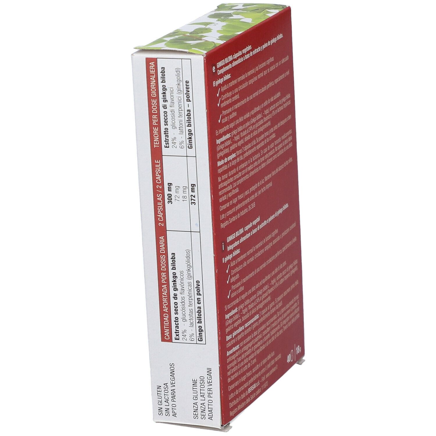 Lato della scatola di Ginkgo Biloba. Informazioni nutrizionali. Contiene 40 capsule. Marchio Santiveri.