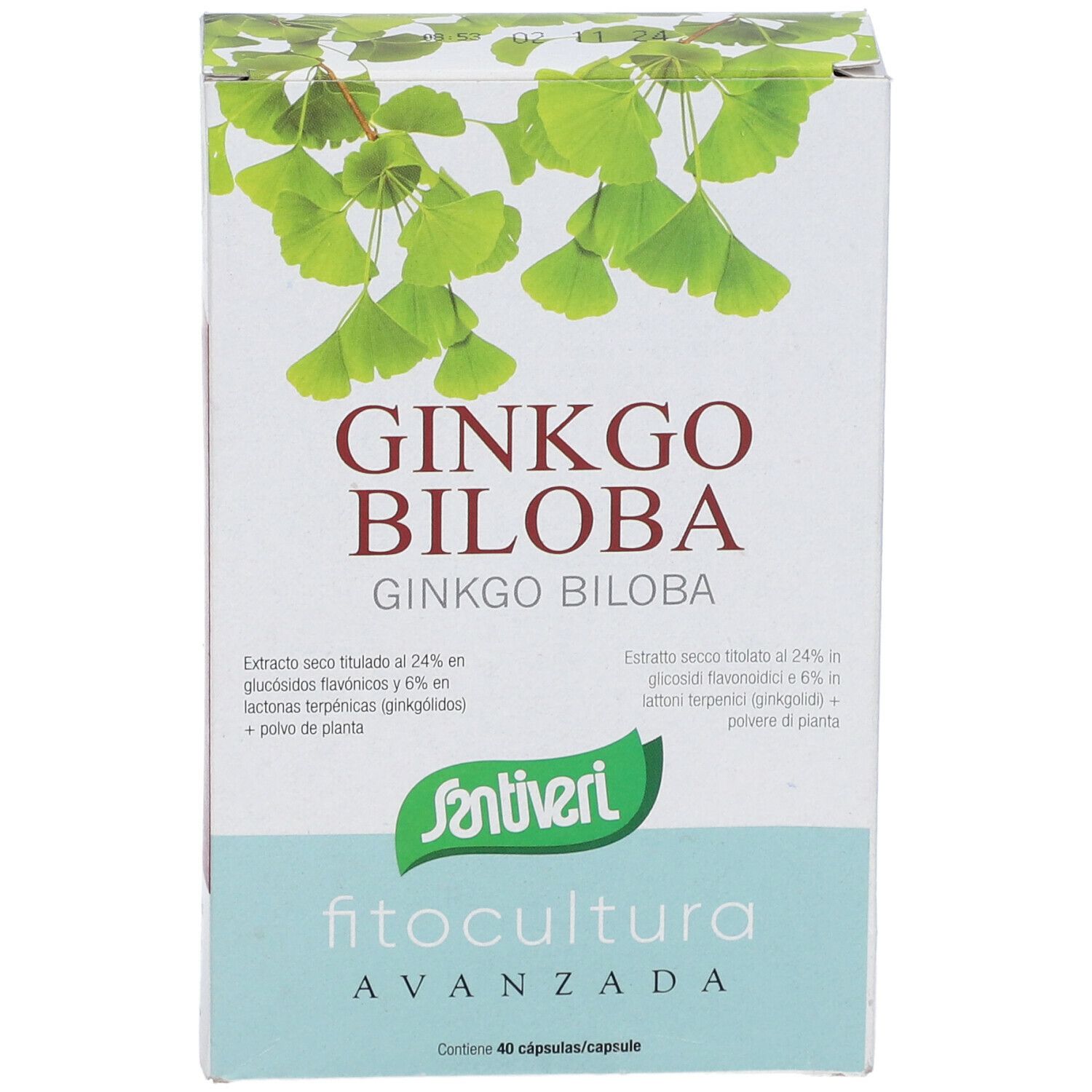 Scatola di Ginkgo Biloba. Scritta: Ginkgo Biloba, Santiveri, Fitocultura. Contiene 40 capsule. Confezione verde e bianca.