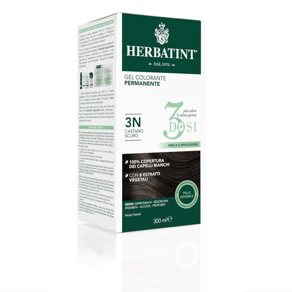 HERBATINT® 3 DOSI 3N Castano scuro. Confezione con informazioni. 300 ml. Copertura 100% capelli bianchi. Per pelli sensibili.
