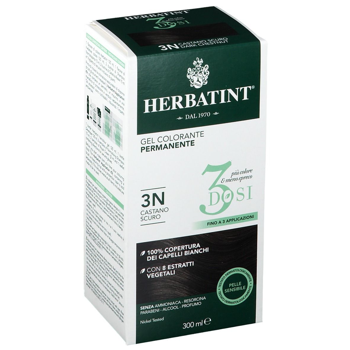 HERBATINT® 3 DOSI 3N Castano scuro. Confezione. 300 ml. Copertura 100% capelli bianchi. Con estratti vegetali. Pelli sensibili.