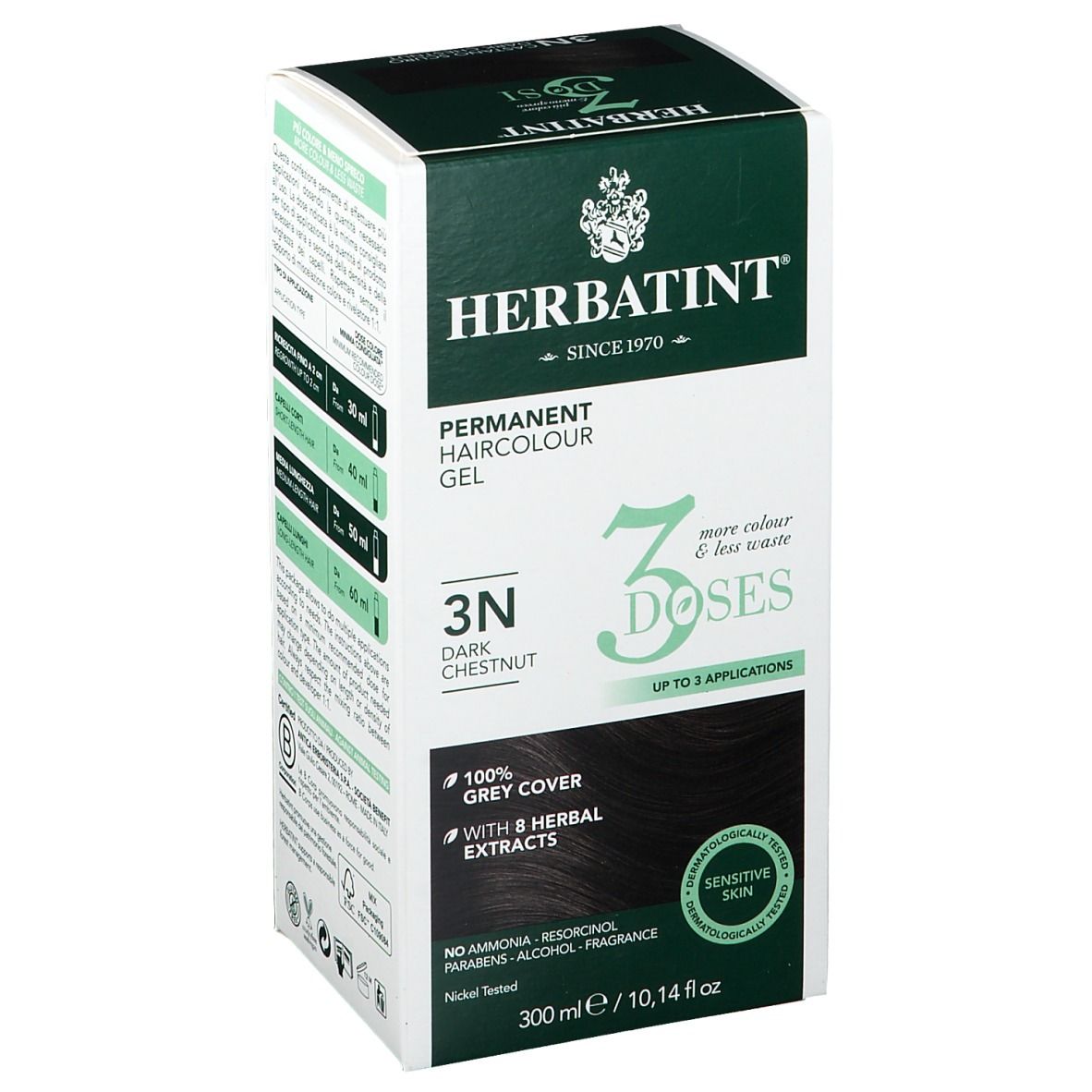 HERBATINT® 3 DOSI 3N Castano scuro. Confezione. 300 ml. Copertura 100% capelli bianchi. Con estratti erbali. Pelli sensibili.