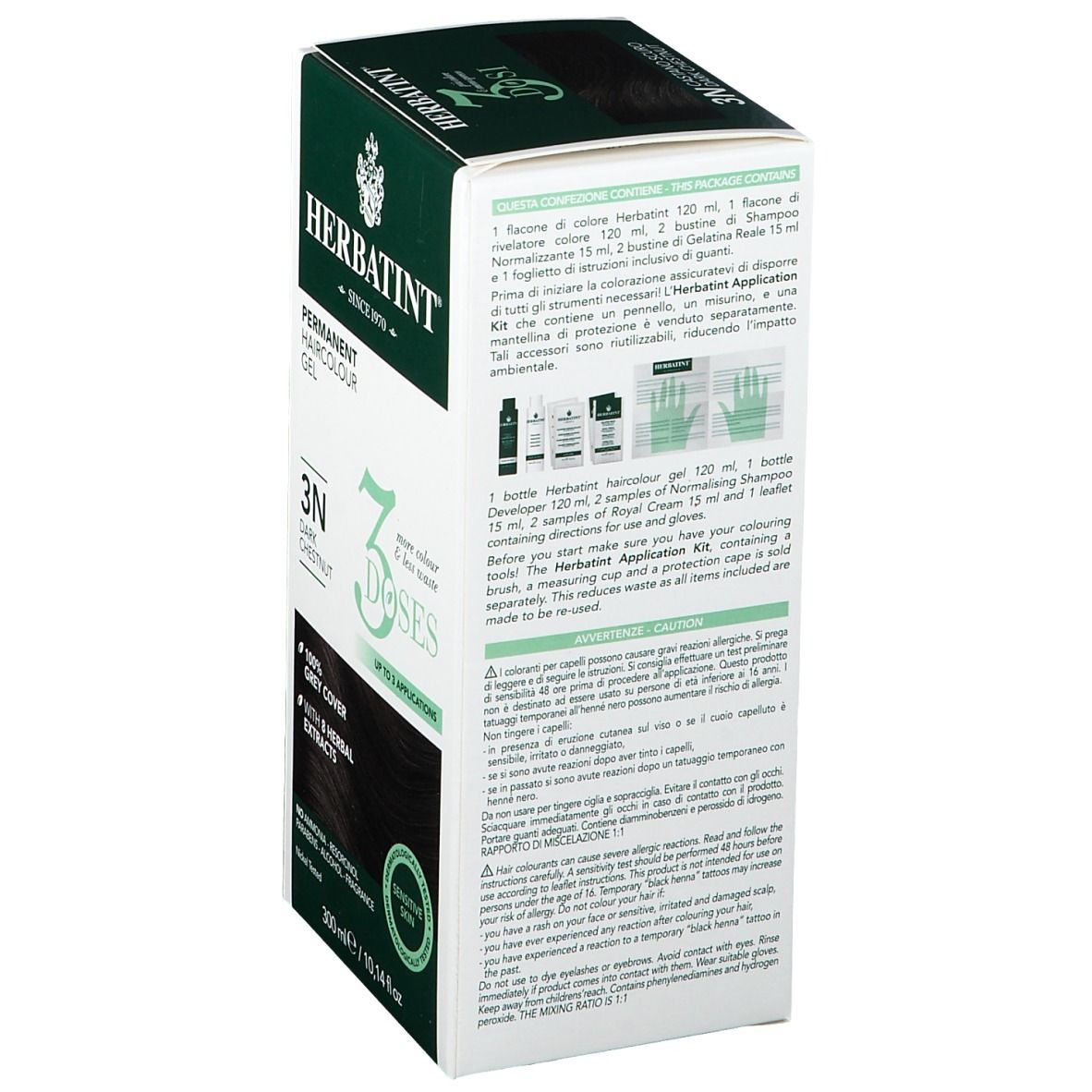 Retro confezione HERBATINT® 3 DOSI. Istruzioni per l'uso e accessori. Contiene kit applicazione.