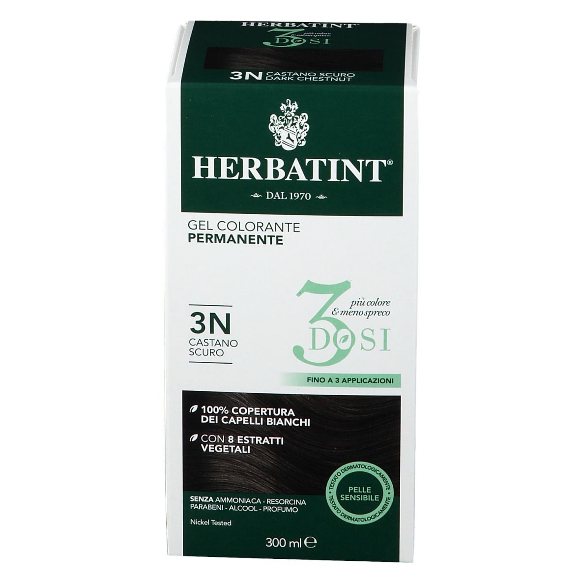 HERBATINT® 3 DOSI 3N Castano scuro. Confezione. 300 ml. Copertura 100% capelli bianchi. Per pelli sensibili.