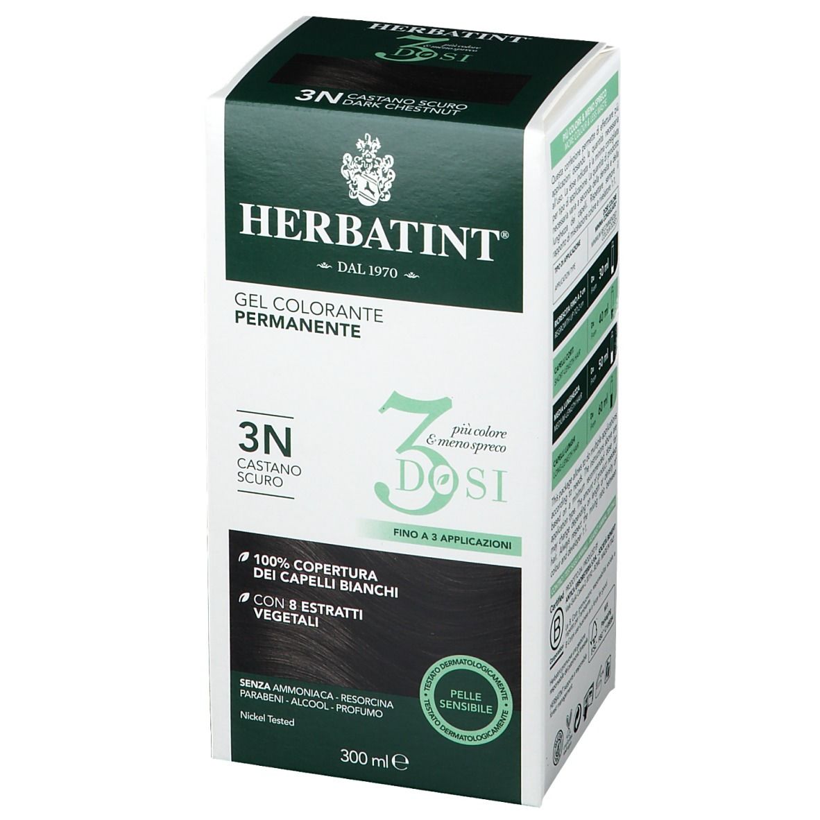 HERBATINT® 3 DOSI 3N Castano scuro. Confezione. 300 ml. Copertura 100% capelli bianchi. Per pelli sensibili.