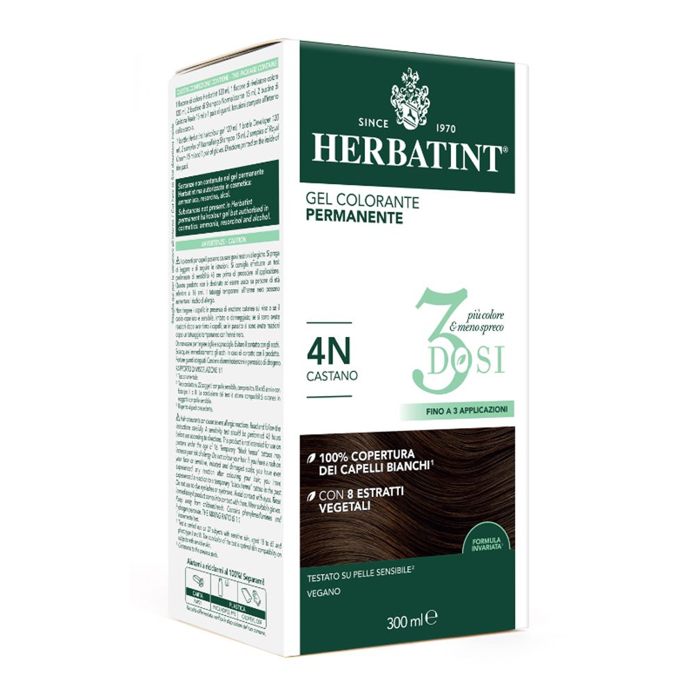 HERBATINT® 3 DOSI 4N Braun. Haarfarbgel in Kartonverpackung. Enthält 3 Dosen. Deckt 100% der grauen Haare ab. Vegan.