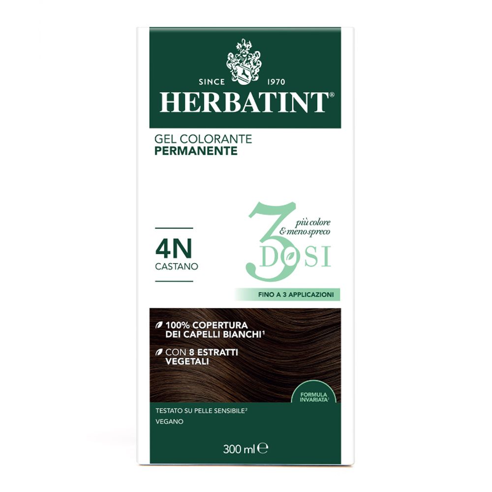 HERBATINT® 3 DOSI 4N Castano. Haarfarbgel in Verpackung. 3 Dosen. Deckt 100% der grauen Haare ab. Vegan.