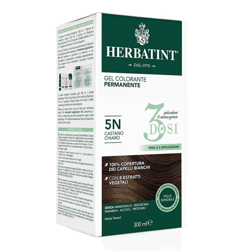HERBATINT® 5N Castano chiaro. Confezione con informazioni. 300 ml. Copertura 100% capelli bianchi. Con estratti vegetali.