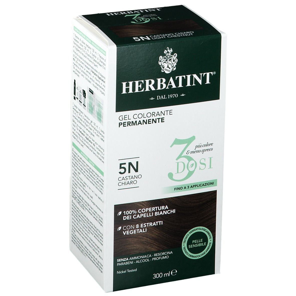 HERBATINT® 5N Castano chiaro. Confezione in diagonale. 300 ml. Copertura 100% capelli bianchi. Estratti vegetali.