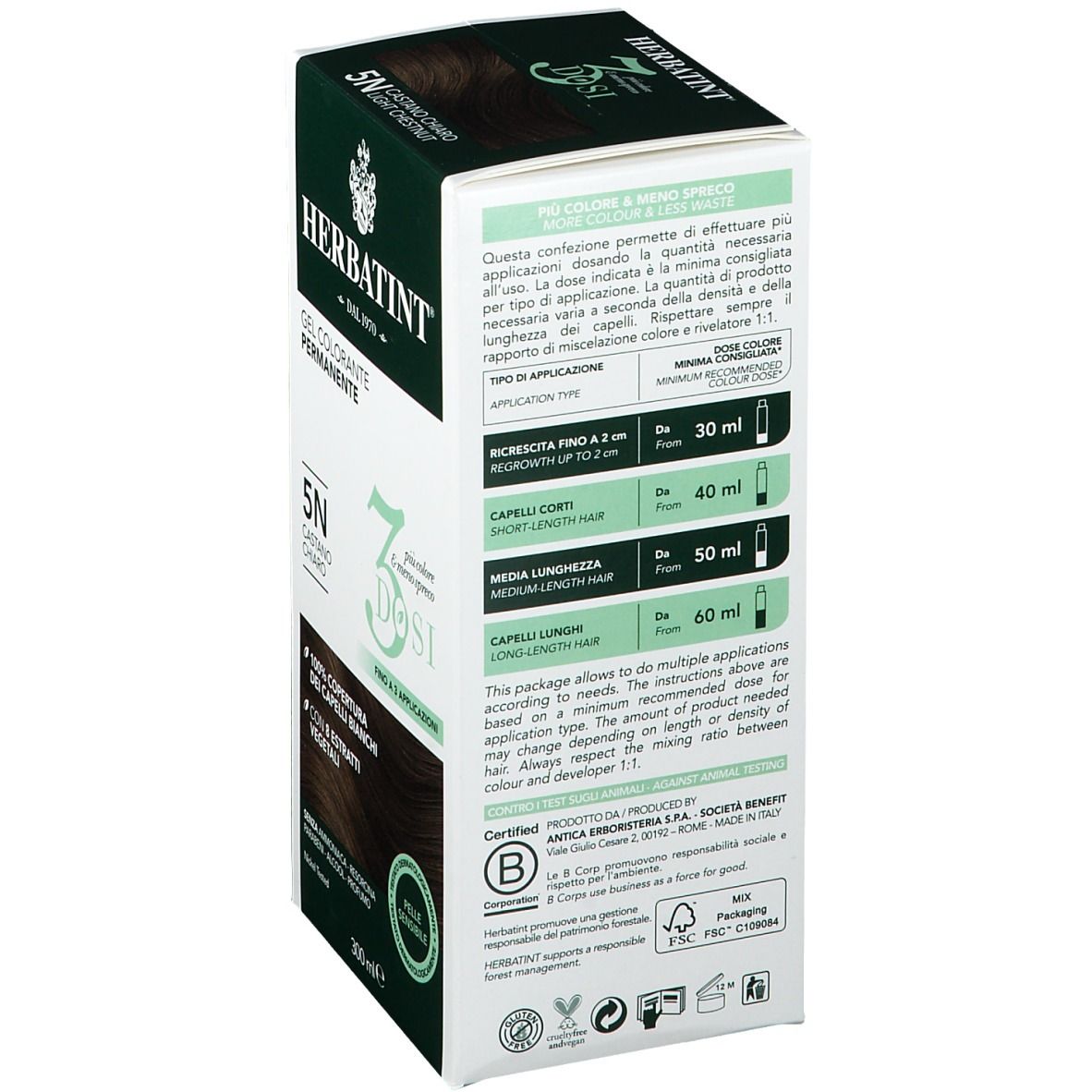 HERBATINT® 5N Castano chiaro. Confezione, lato con istruzioni di dosaggio. 300 ml. Certificato FSC.