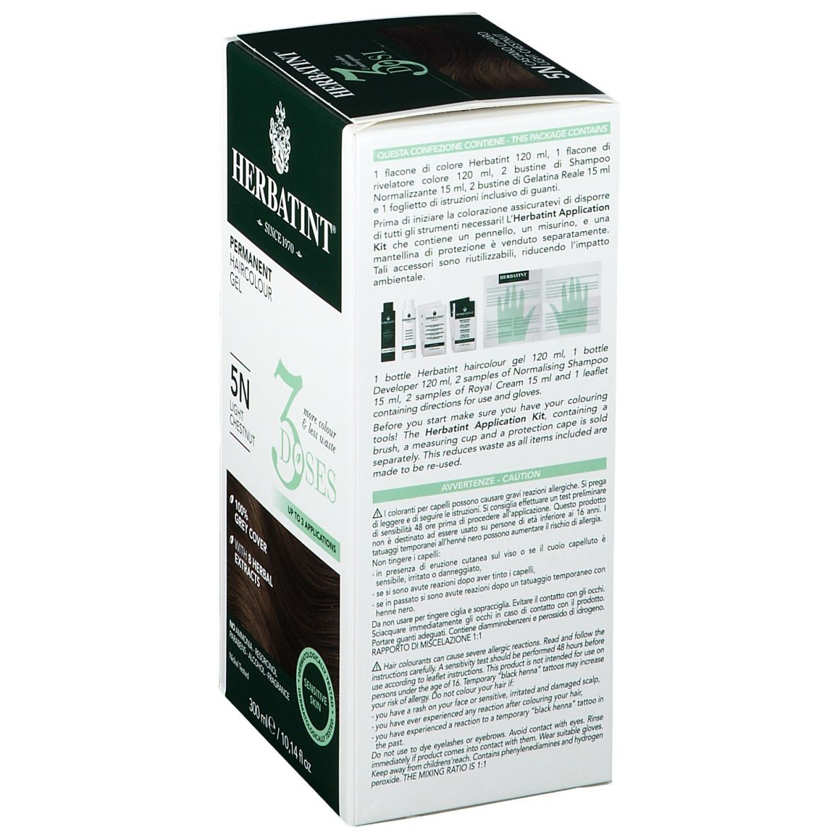 HERBATINT® 5N Castano chiaro. Retro confezione con ingredienti. 300 ml. Certificato FSC.