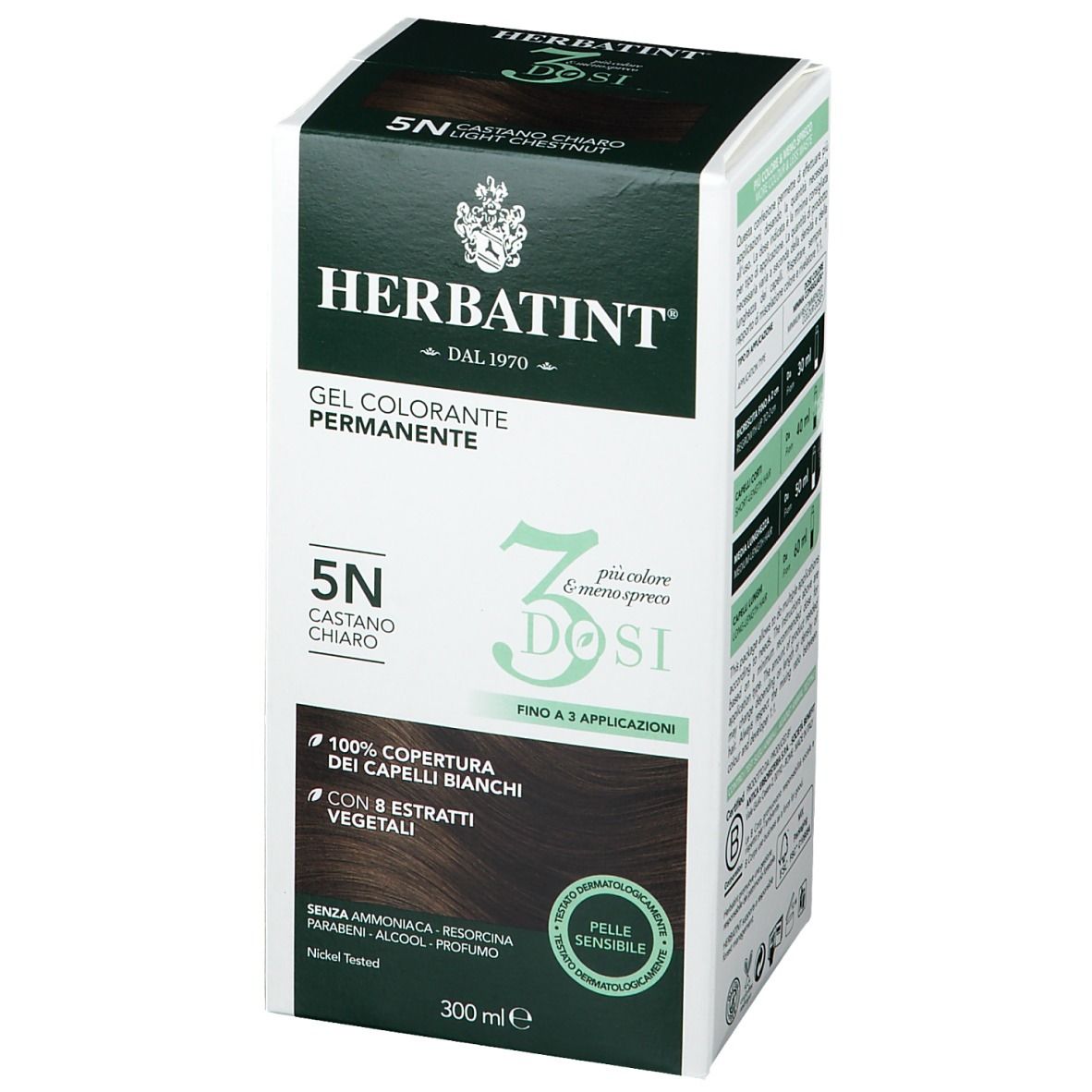 HERBATINT® 5N Castano chiaro. Confezione, vista frontale. 300 ml. Copertura 100% capelli bianchi. Estratti vegetali.