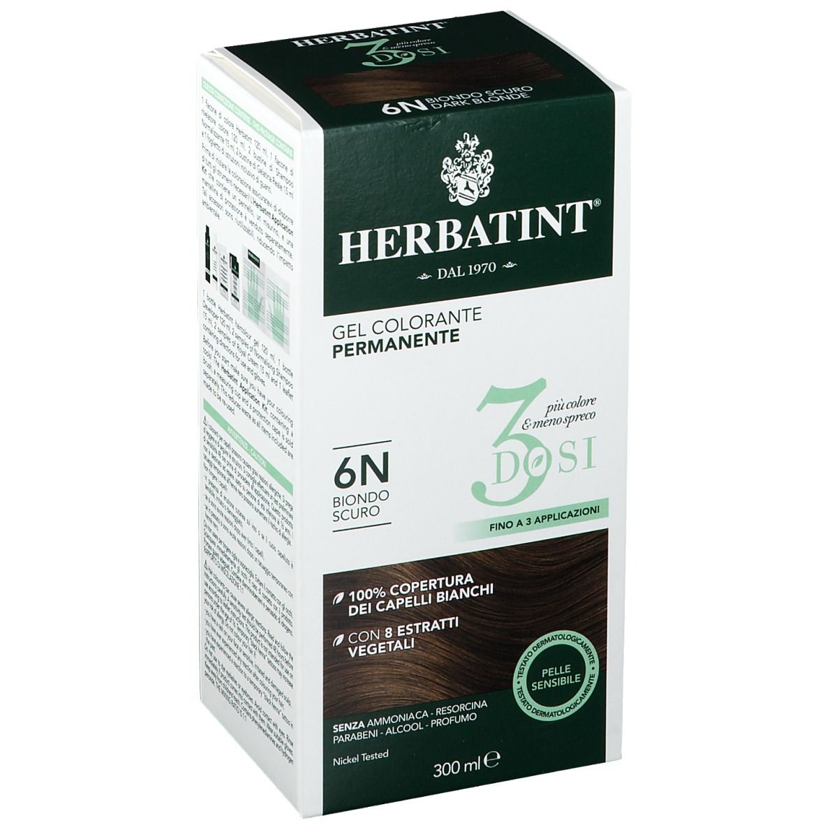 HERBATINT® 3DOSI 6N Biondo scuro. Confezione prodotto. 300 ml. Fino a 3 applicazioni. Pelle sensibile.