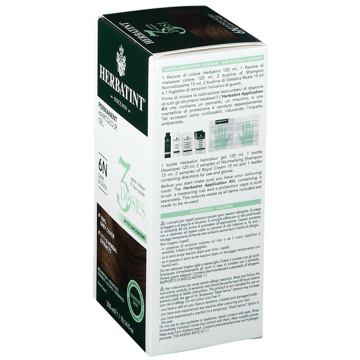 Retro confezione HERBATINT® 3DOSI 6N. Contiene kit applicazione. 300 ml.