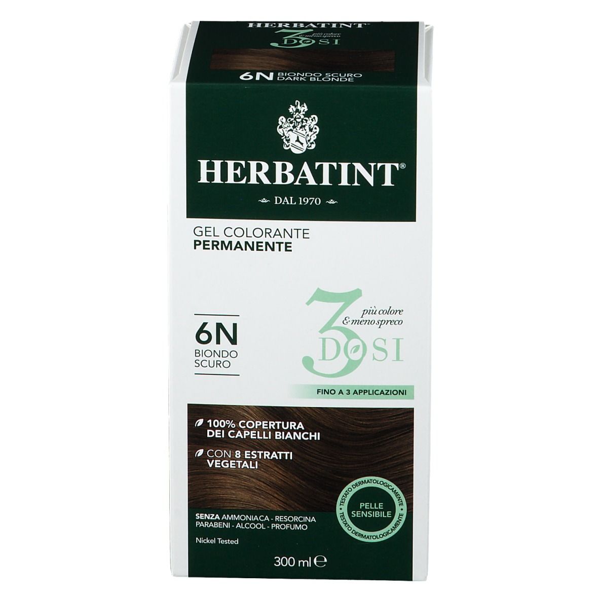 HERBATINT® 3DOSI 6N Biondo scuro. Confezione prodotto. 300 ml. Fino a 3 applicazioni. Pelle sensibile.