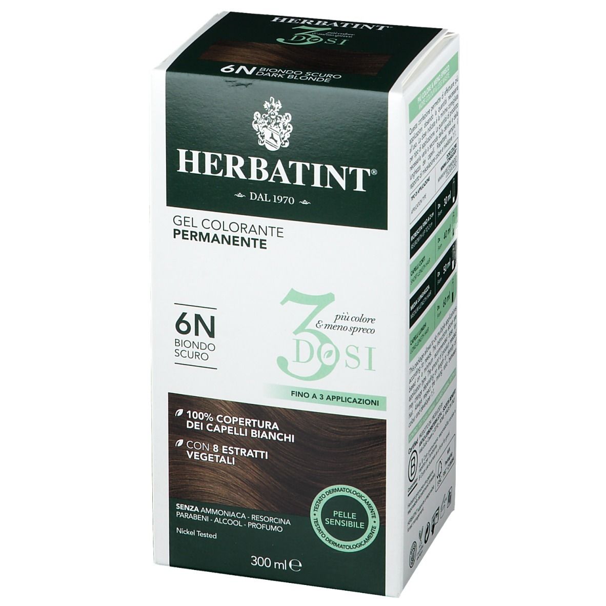 HERBATINT® 3DOSI 6N Biondo scuro. Confezione prodotto. 300 ml. Fino a 3 applicazioni. Pelle sensibile.