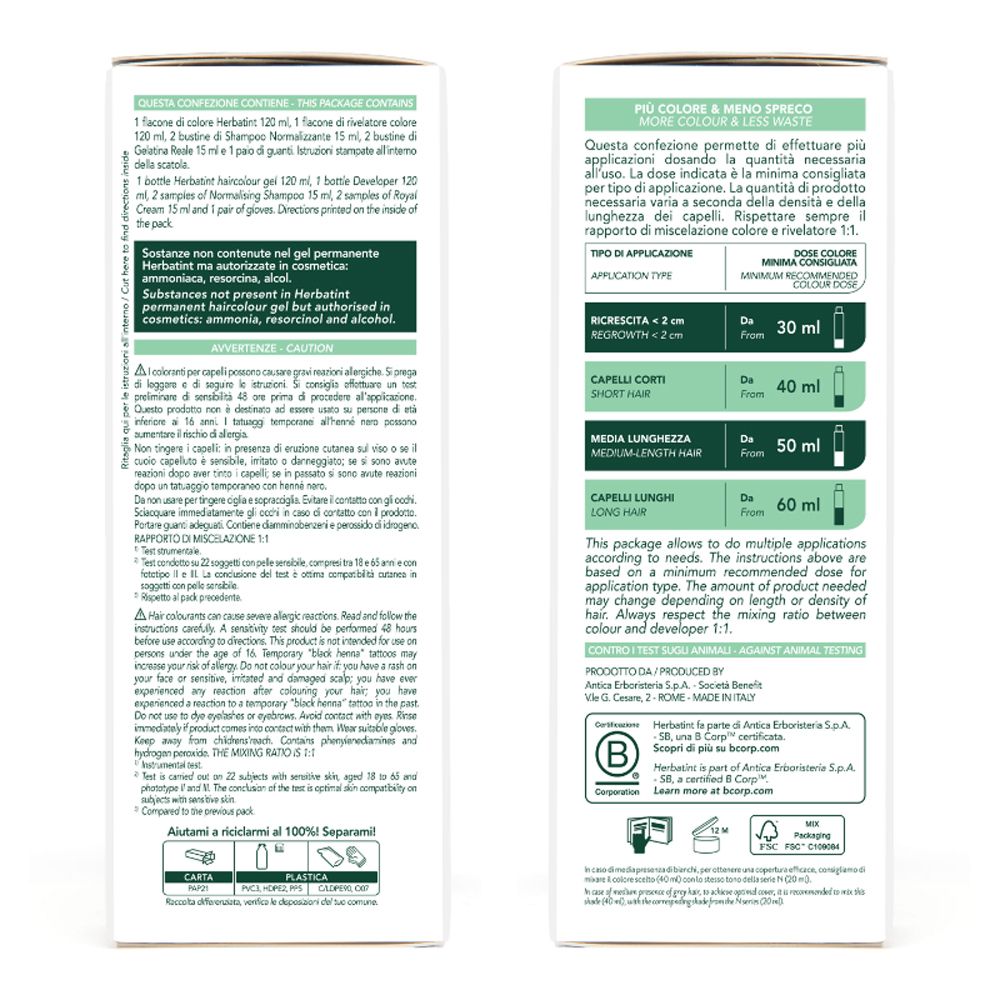 Rückseite der HERBATINT® 3DOSI 6N Verpackung. Enthält Informationen zur Anwendung und Inhaltsstoffe. Vegan.