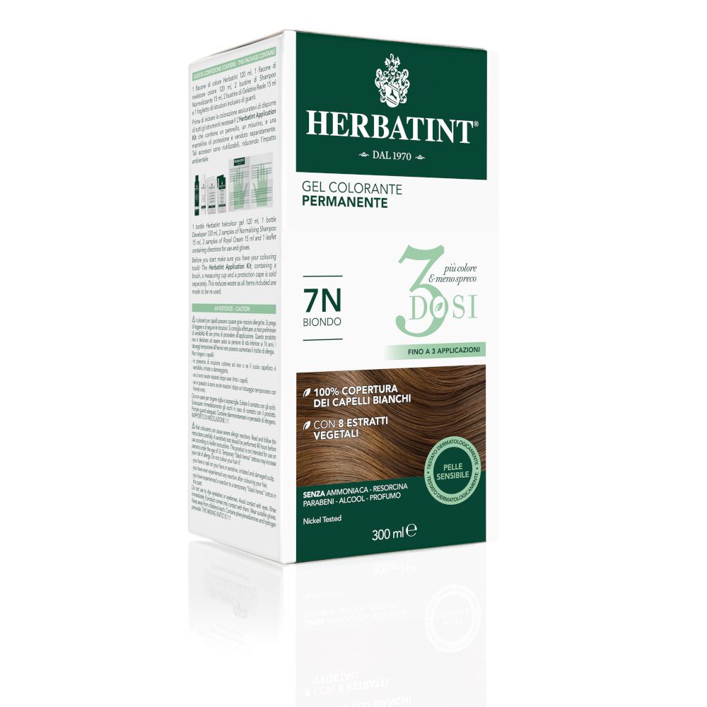 HERBATINT® 3DOSI 7N Blond. Verpackung mit Produktinformationen. 300 ml. Gel Colorante Permanente. 7N Blond. Deckt graue Haare ab.