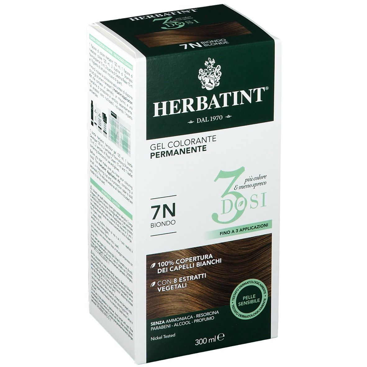 HERBATINT® 3DOSI 7N Blond. Produktverpackung. 300 ml. Gel Colorante Permanente. 7N Blond. Deckt graue Haare ab.