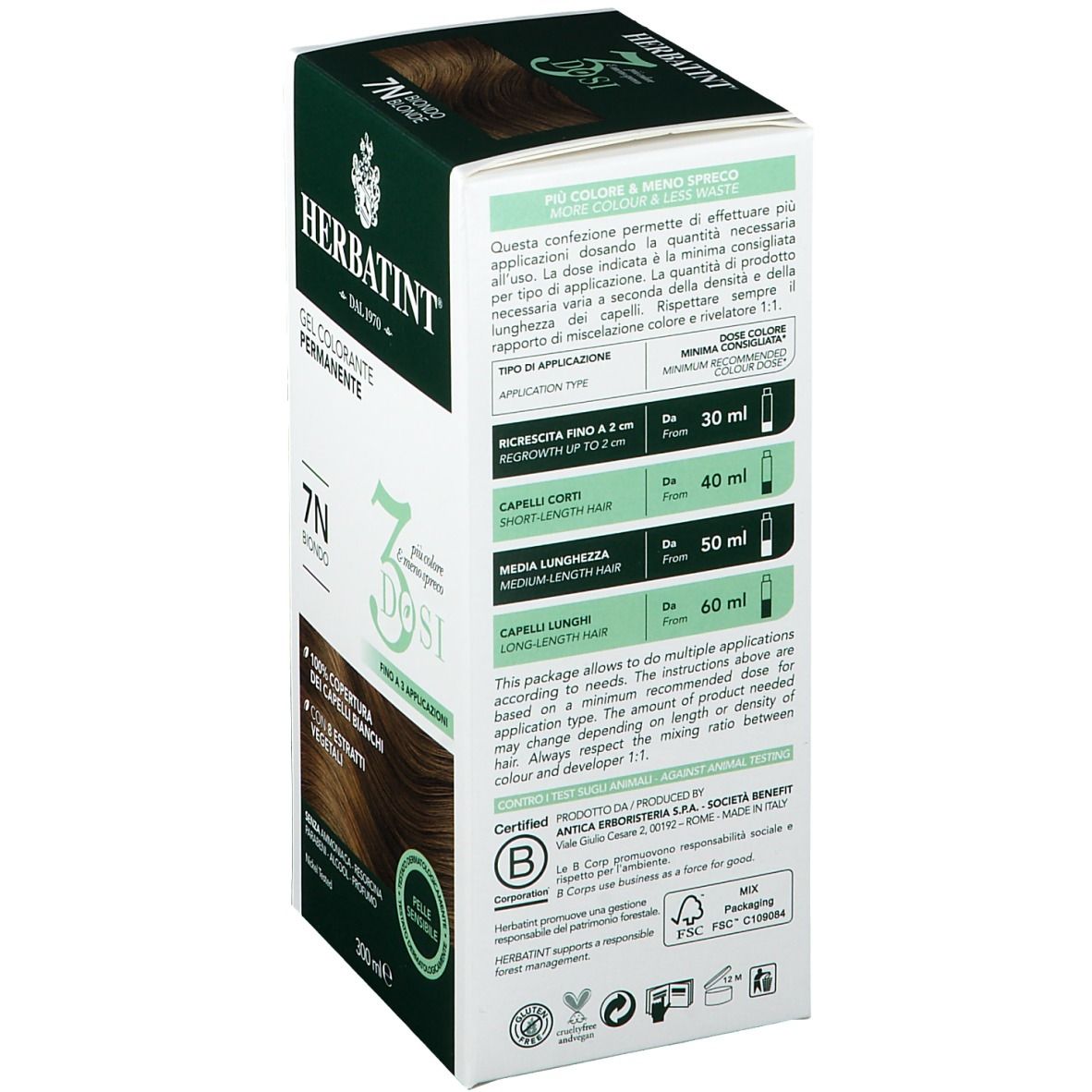 HERBATINT® 3DOSI 7N Blond. Verpackung. Informationen zur Anwendung. 300 ml. Gel Colorante Permanente. 7N Blond.