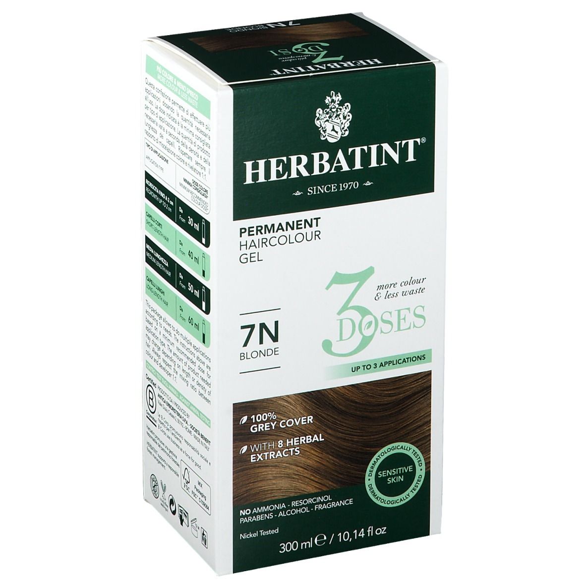 HERBATINT® 3DOSI 7N Blond. Produktverpackung. 300 ml. Gel Colorante Permanente. 7N Blond. Deckt graue Haare ab.