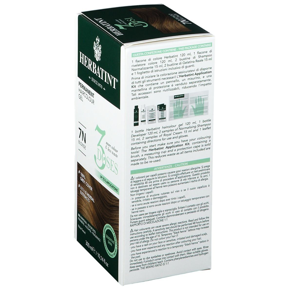 HERBATINT® 3DOSI 7N Blond. Verpackung. Enthält Anwendungszubehör. 300 ml. Gel Colorante Permanente. 7N Blond.