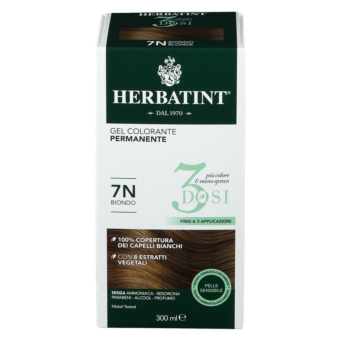 HERBATINT® 3DOSI 7N Blond. Produktverpackung. 300 ml. Gel Colorante Permanente. 7N Blond. Deckt graue Haare ab.