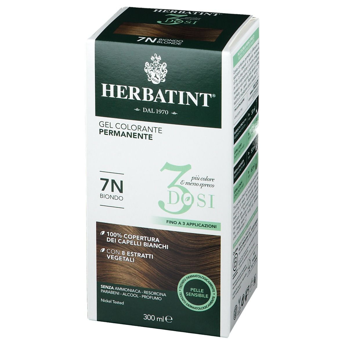 HERBATINT® 3DOSI 7N Blond. Produktverpackung. 300 ml. Gel Colorante Permanente. 7N Blond. Deckt graue Haare ab.