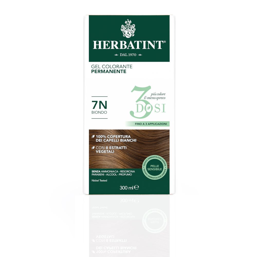 HERBATINT® 3DOSI 7N Blond. Produktverpackung. 300 ml. Gel Colorante Permanente. 7N Blond. Deckt graue Haare ab.
