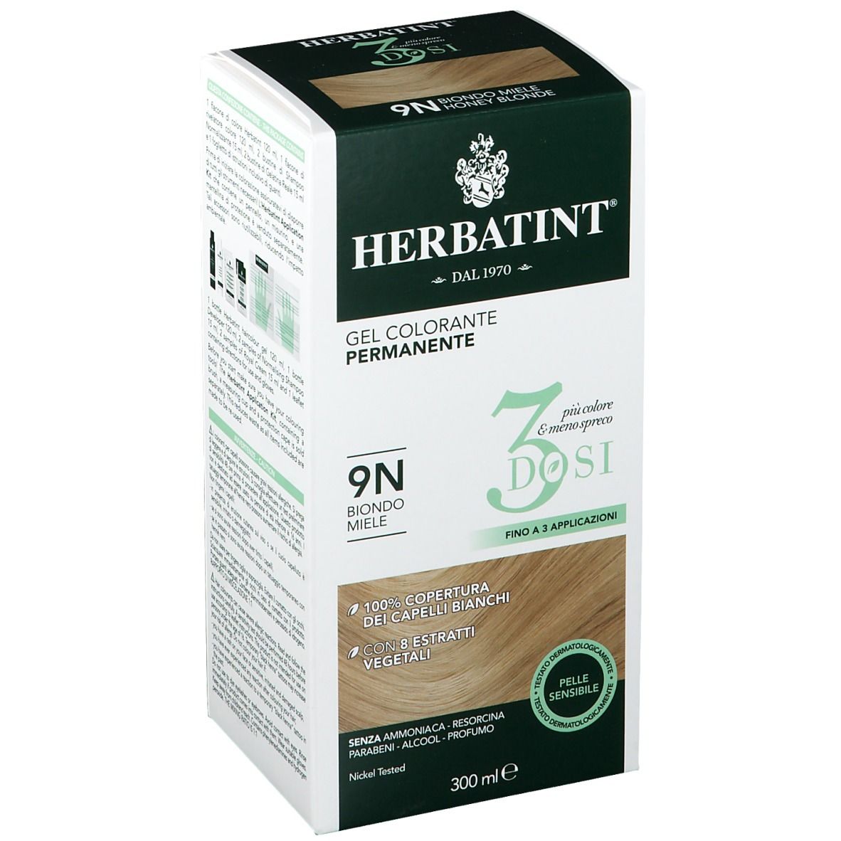 HERBATINT® 3 Dosi 9N Honigblond. Gel colorante permanente. 300 ml. Deckt graue Haare ab. Für empfindliche Haut.