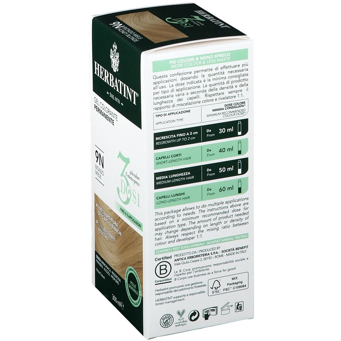 HERBATINT®-Verpackung. Rückseite mit Informationen zur Anwendung. 3 Dosi. 9N Honigblond. 300 ml.