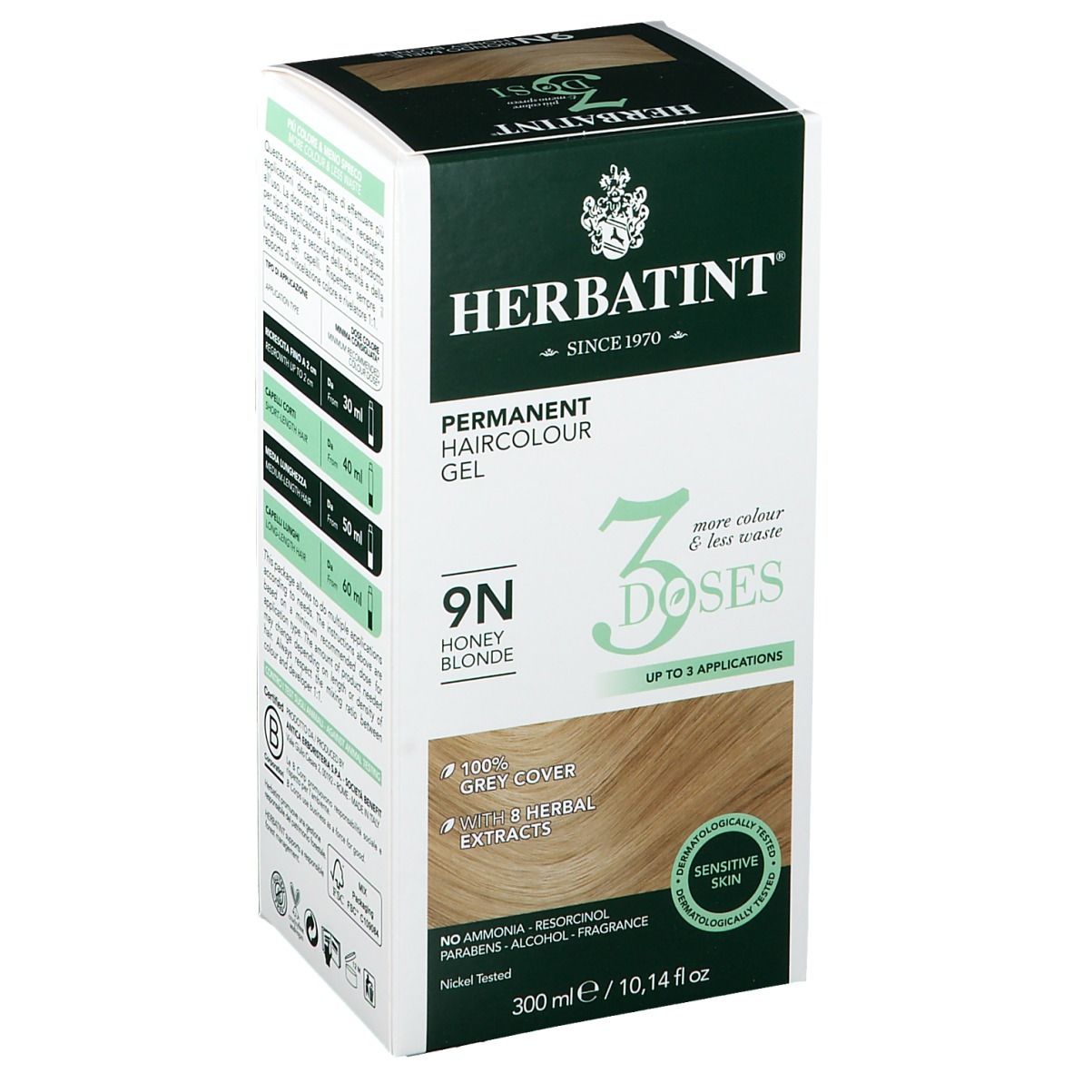 HERBATINT® 3 Dosi 9N Honigblond. Permanente Haarfarbe. 300 ml. Deckt graue Haare ab. Für empfindliche Haut.