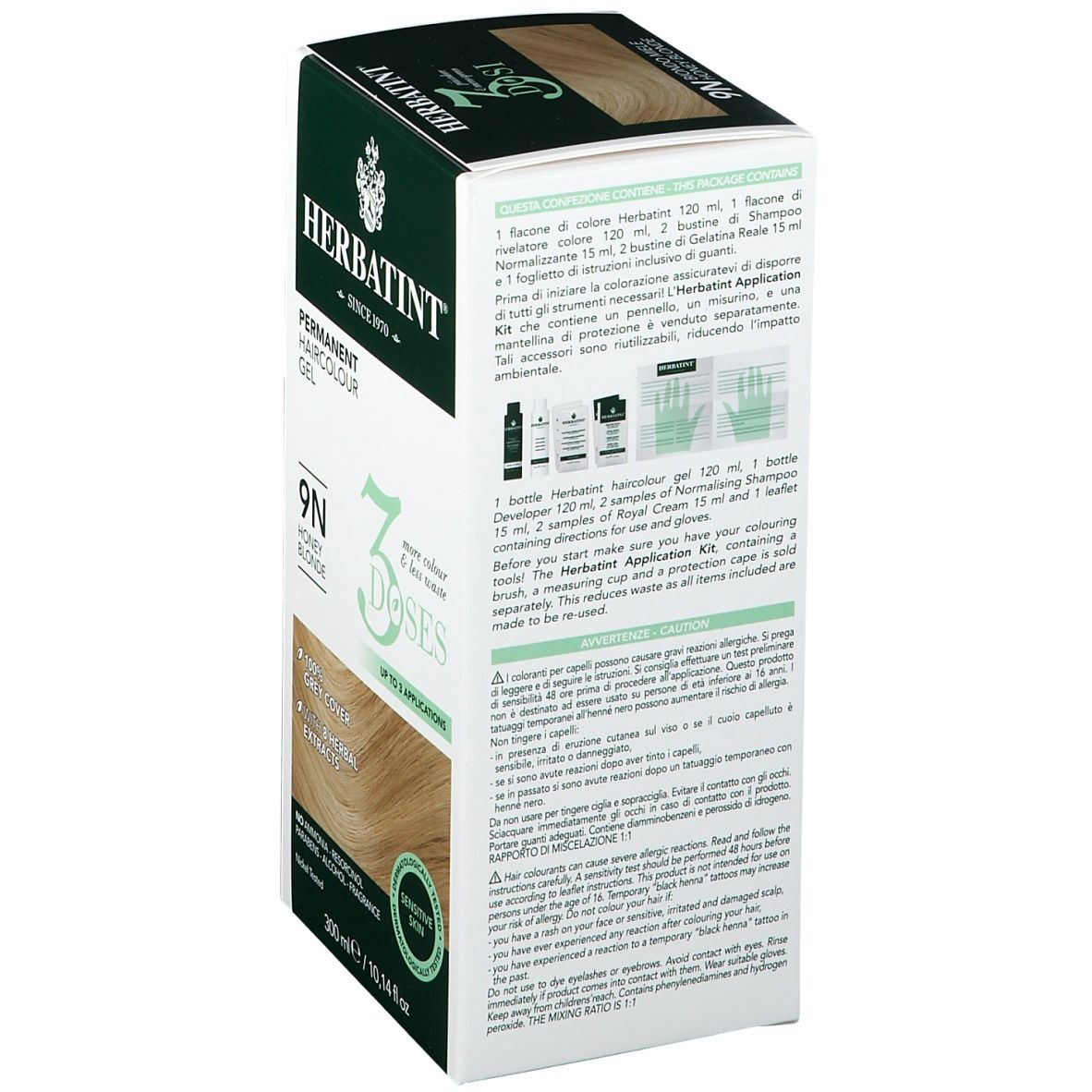HERBATINT®-Verpackung. Rückseite mit Anweisungen und Inhaltsstoffen. 3 Dosi. 9N Honigblond. 300 ml.