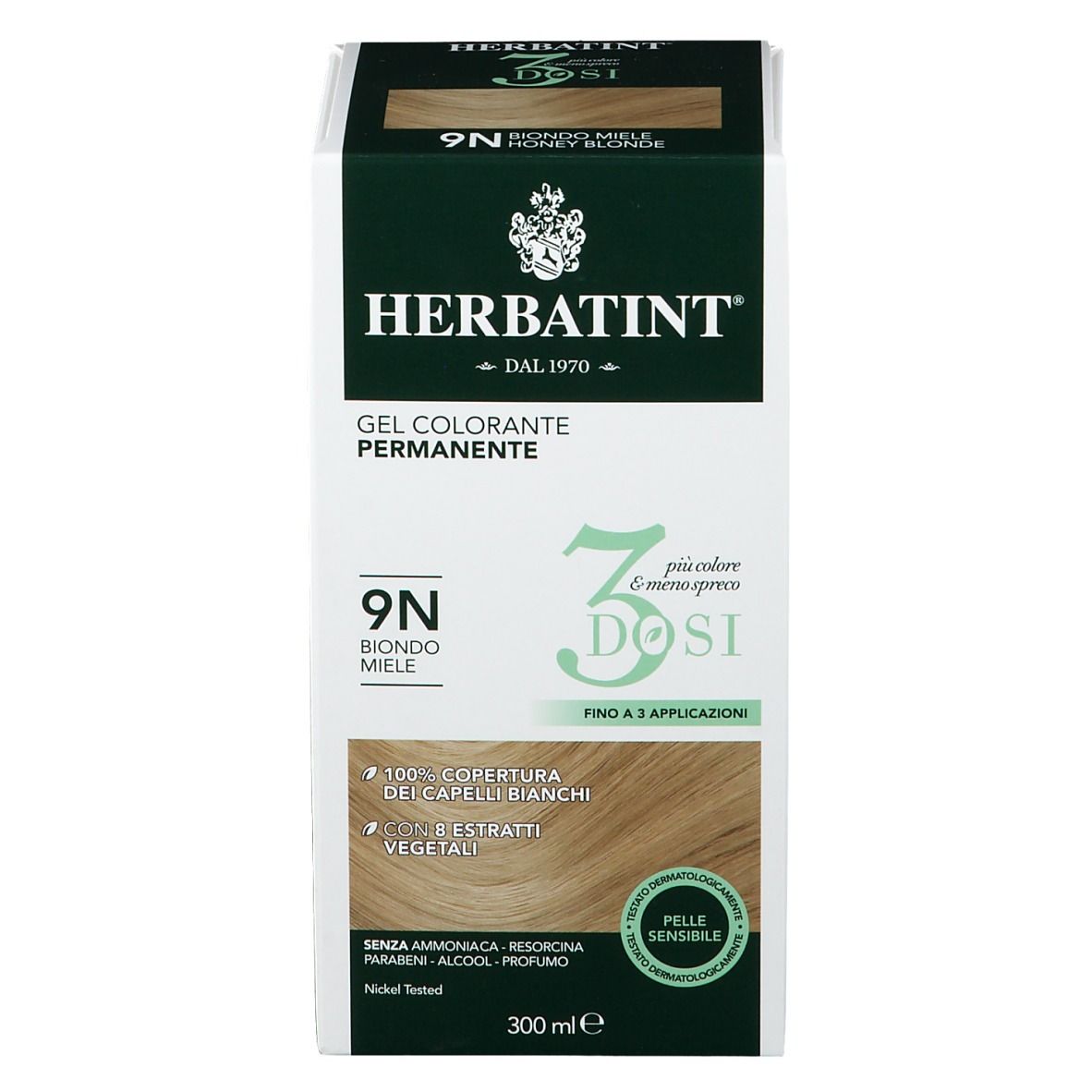 HERBATINT® 3 Dosi 9N Honigblond. Gel colorante permanente. 300 ml. Deckt graue Haare ab. Für empfindliche Haut.