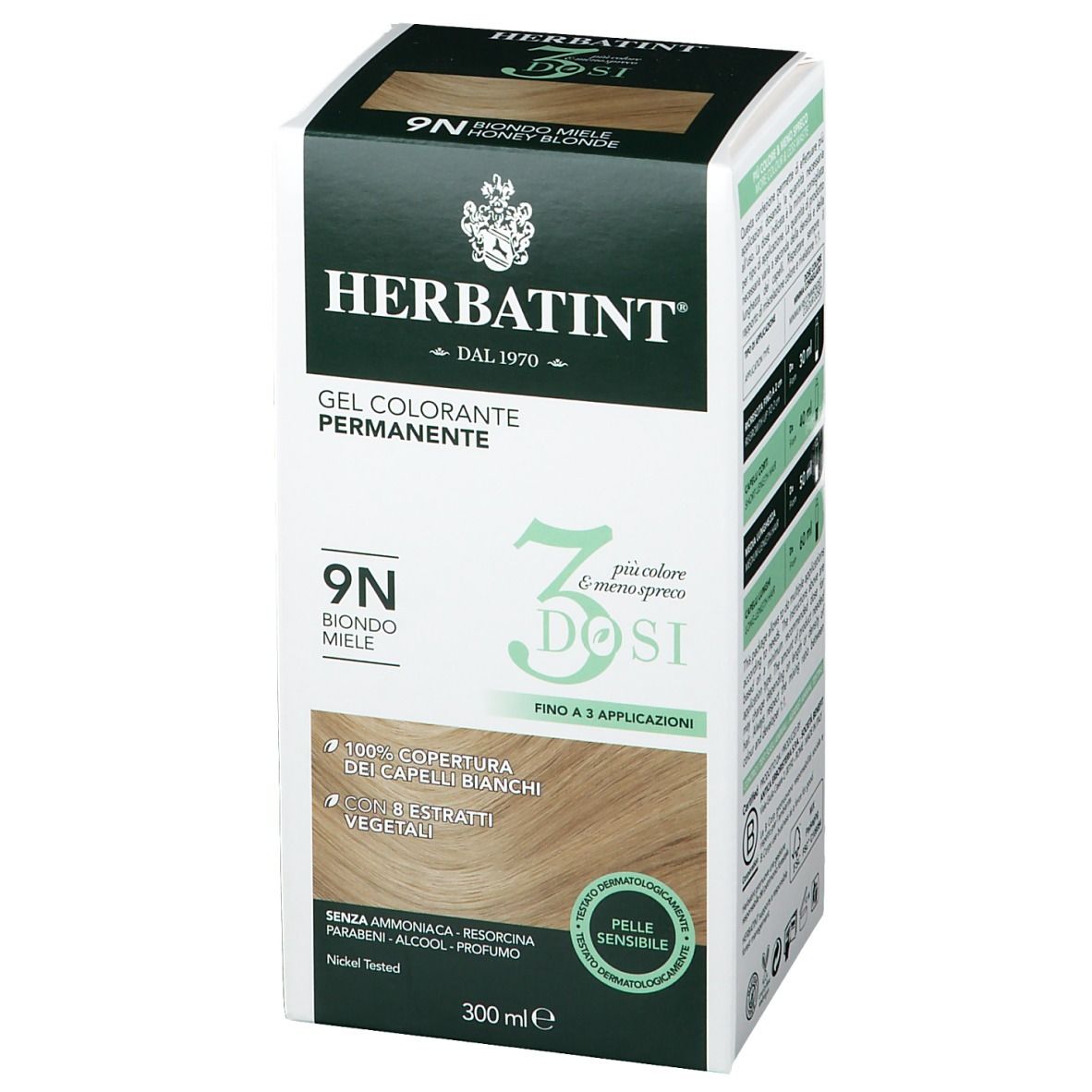 HERBATINT® 3 Dosi 9N Honigblond. Gel colorante permanente. 300 ml. Deckt graue Haare ab. Für empfindliche Haut.