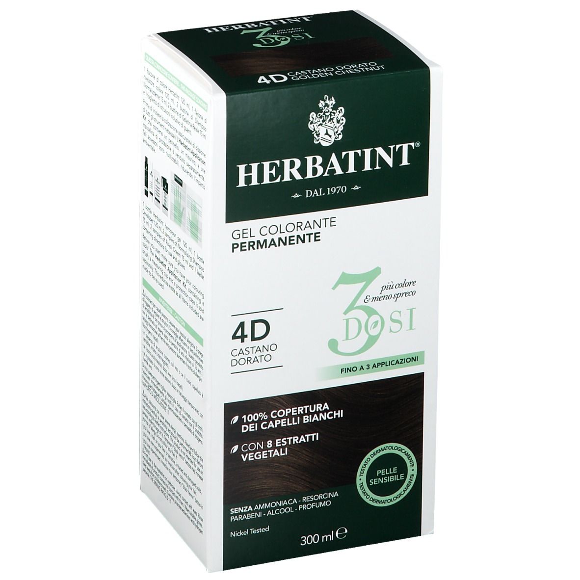 Scatola HERBATINT®. 4D Castano Dorato, 3 dosi. Gel Colorante Permanente. Copertura 100% capelli bianchi. Estratti vegetali. 300 ml.