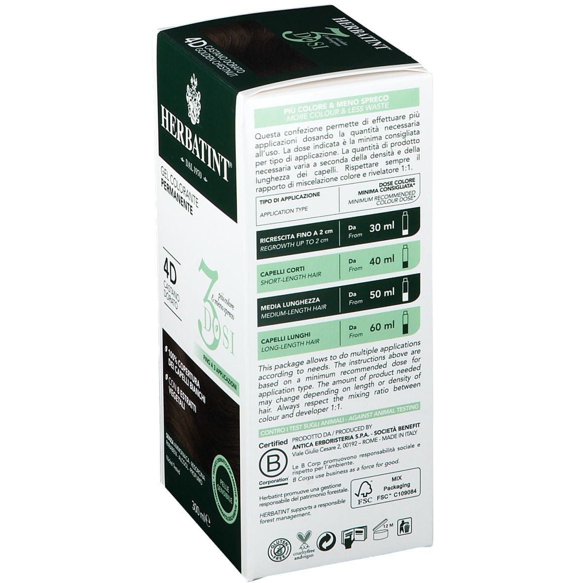 Scatola HERBATINT®. Retro. Gel Colorante Permanente. Istruzioni di dosaggio per diverse lunghezze di capelli. Certificato FSC.