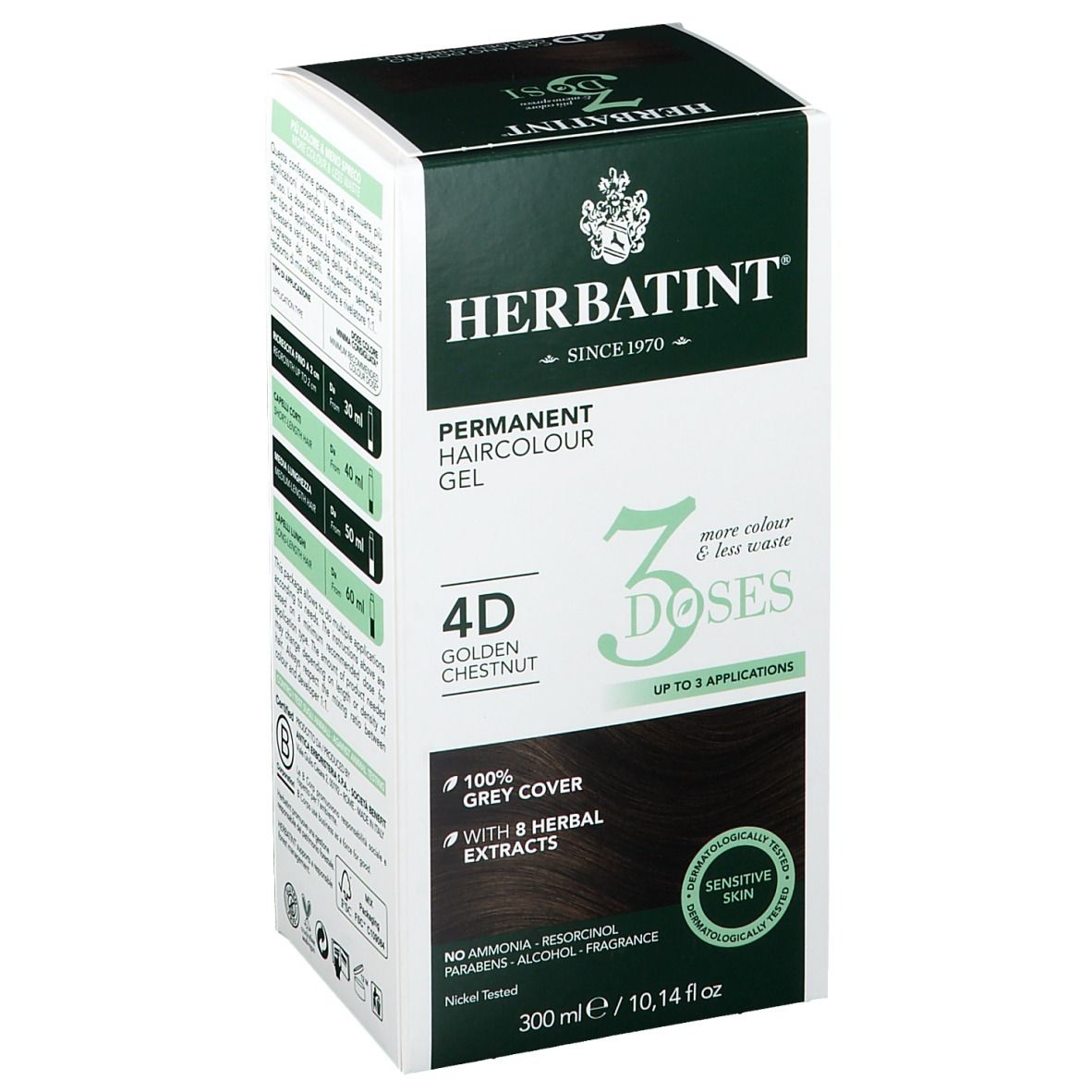 Scatola HERBATINT®. 4D Castano Dorato, 3 dosi. Gel colorante permanente. Copertura 100% capelli bianchi. 300 ml. Testato al nichel.