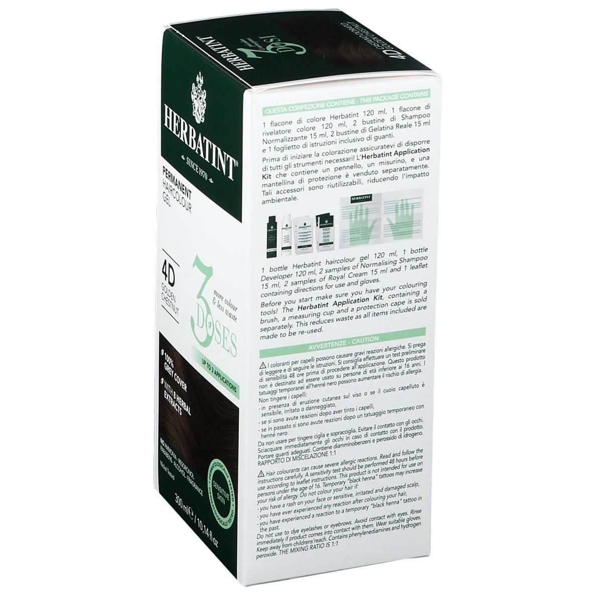 Scatola HERBATINT®. Retro. Gel Colorante Permanente. Istruzioni per l'uso e ingredienti. 300 ml. Certificato FSC.