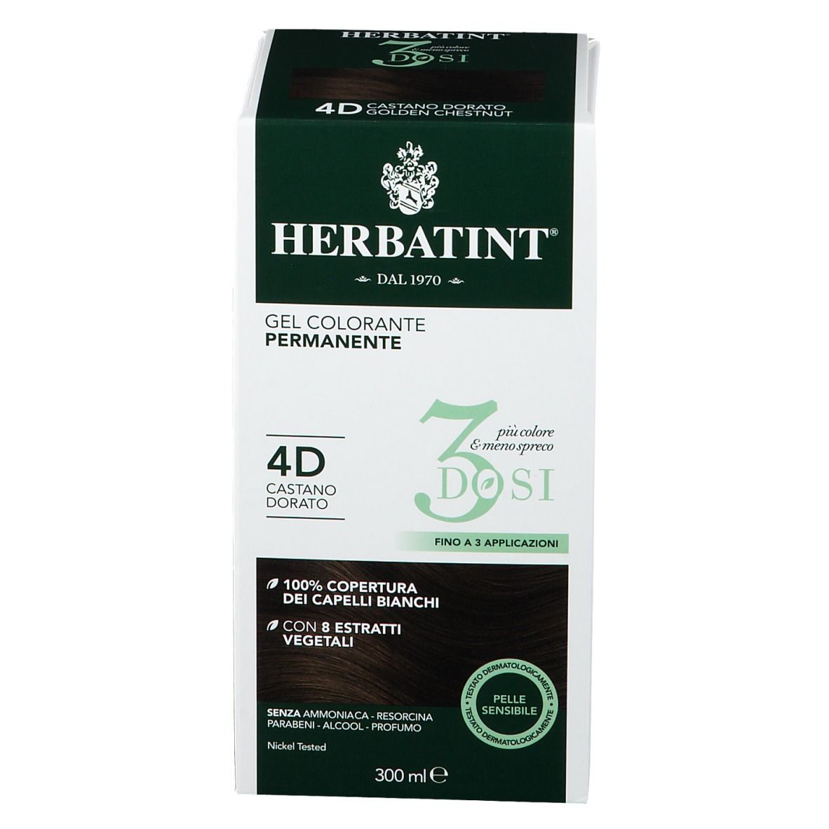 Scatola HERBATINT®. 4D Castano Dorato, 3 dosi. Gel Colorante Permanente. Copertura 100% capelli bianchi. Estratti vegetali. 300 ml.