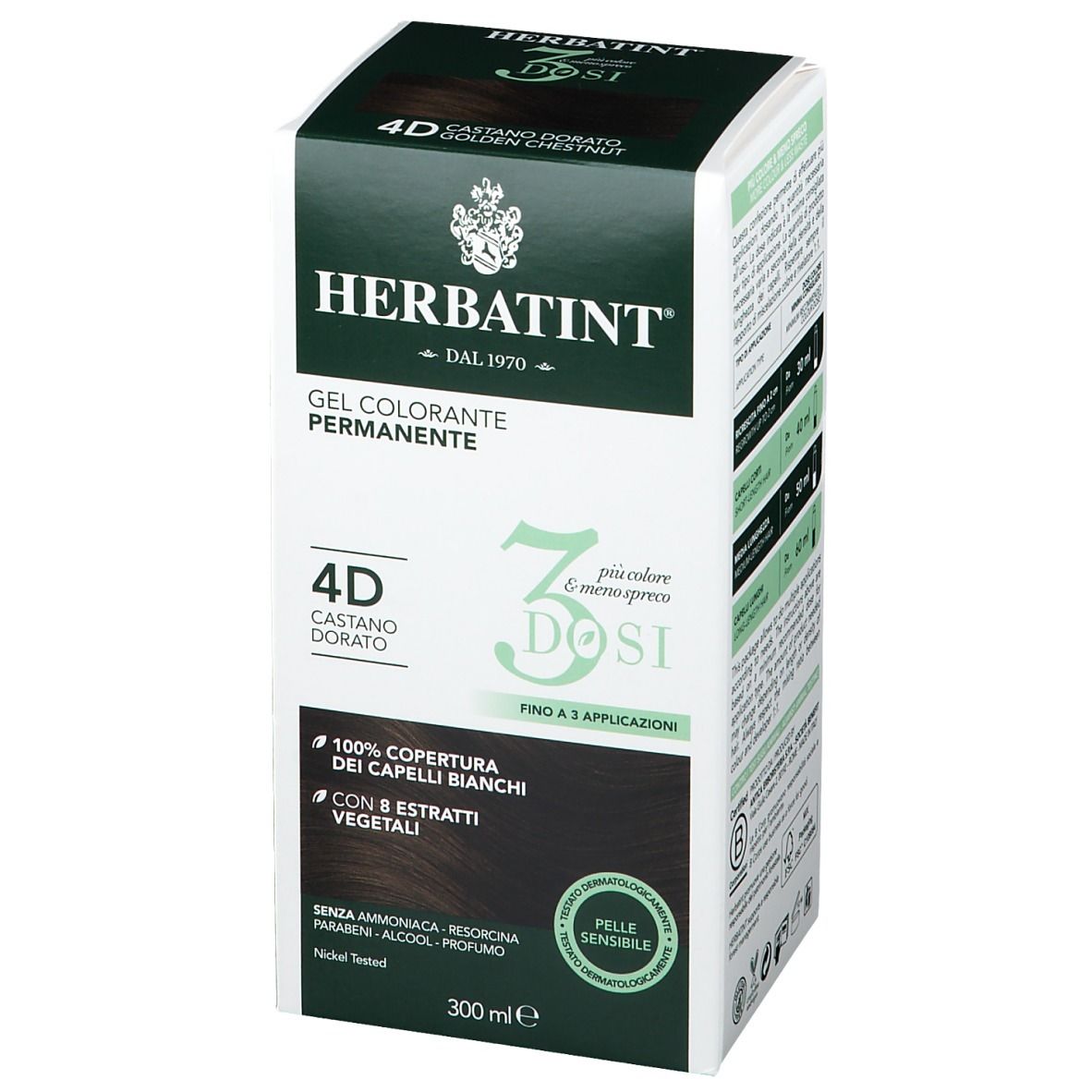 Scatola HERBATINT®. 4D Castano Dorato, 3 dosi. Gel Colorante Permanente. Copertura 100% capelli bianchi. Estratti vegetali. 300 ml.