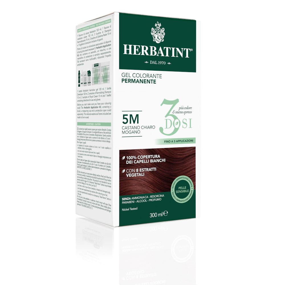 Confezione Herbatint 3Dosi. Scritta 5M, Castano Chiaro Mogano. Contiene 300 ml. Logo e testo visibili.