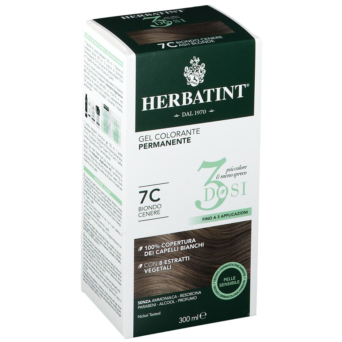 Scatola di colorazione per capelli HERBATINT® 7C Biondo Cenere. 3 dosi. Copertura 100% capelli bianchi. 300 ml. Pelle sensibile.