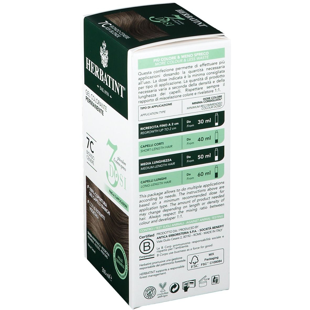 Retro della scatola HERBATINT® 7C. Istruzioni per l'uso. Dosaggio per diverse lunghezze di capelli. Certificato.