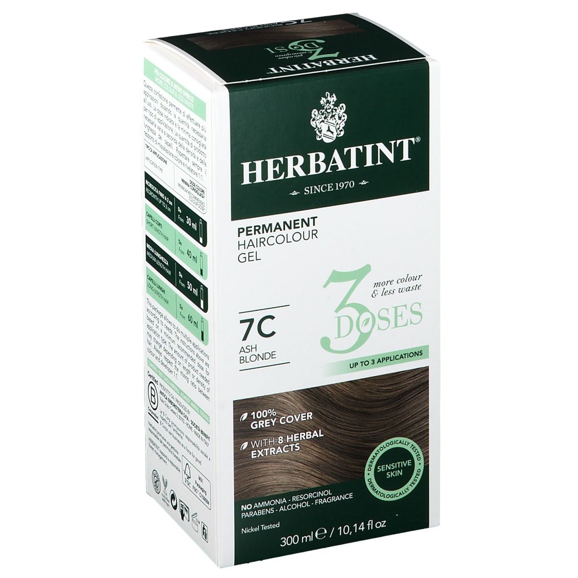 Scatola HERBATINT® 7C Biondo Cenere. 3 dosi. Copertura 100% capelli bianchi. Con estratti erbali. Pelle sensibile. 300 ml.